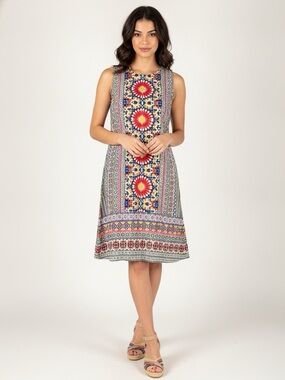 London Times Sleeveless Medallion Mosaic Print Boho Shift Sheath Dress Medium